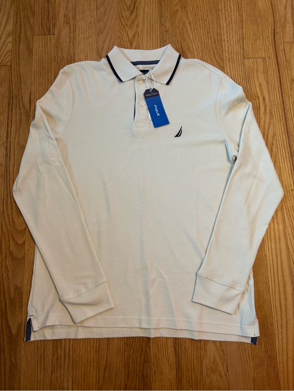 Nautica Long-Sleeve Pique Polo in Off-White with Navy Trim - Small